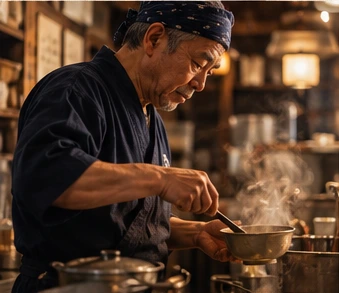 厨房で料理を仕上げる職人