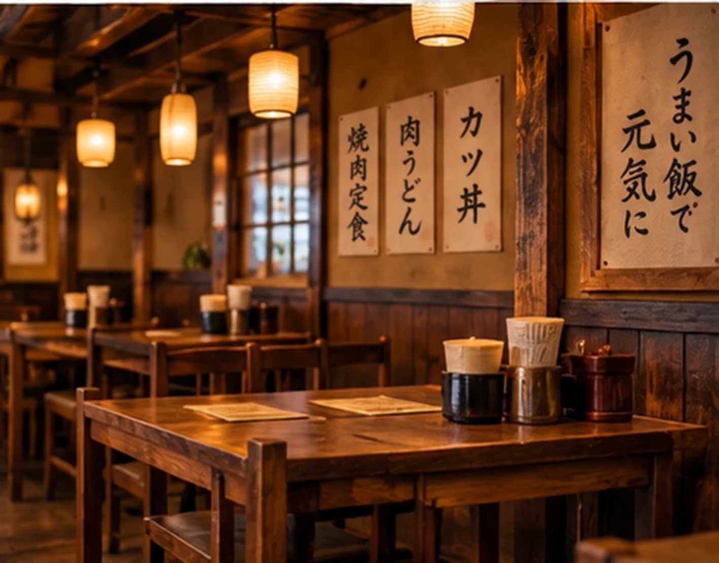 木のテーブルと温かな照明の店内